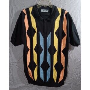 Lavane New York Mens Medium Knit Polo Shirt Multicolor Geometric 1/4 Zip